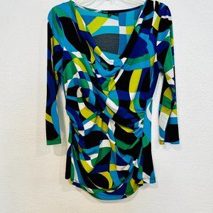 Chaus Stretch Ruched Top Vivid MultiColor Cowl Neck 3/4 Sleeves Women Size Small